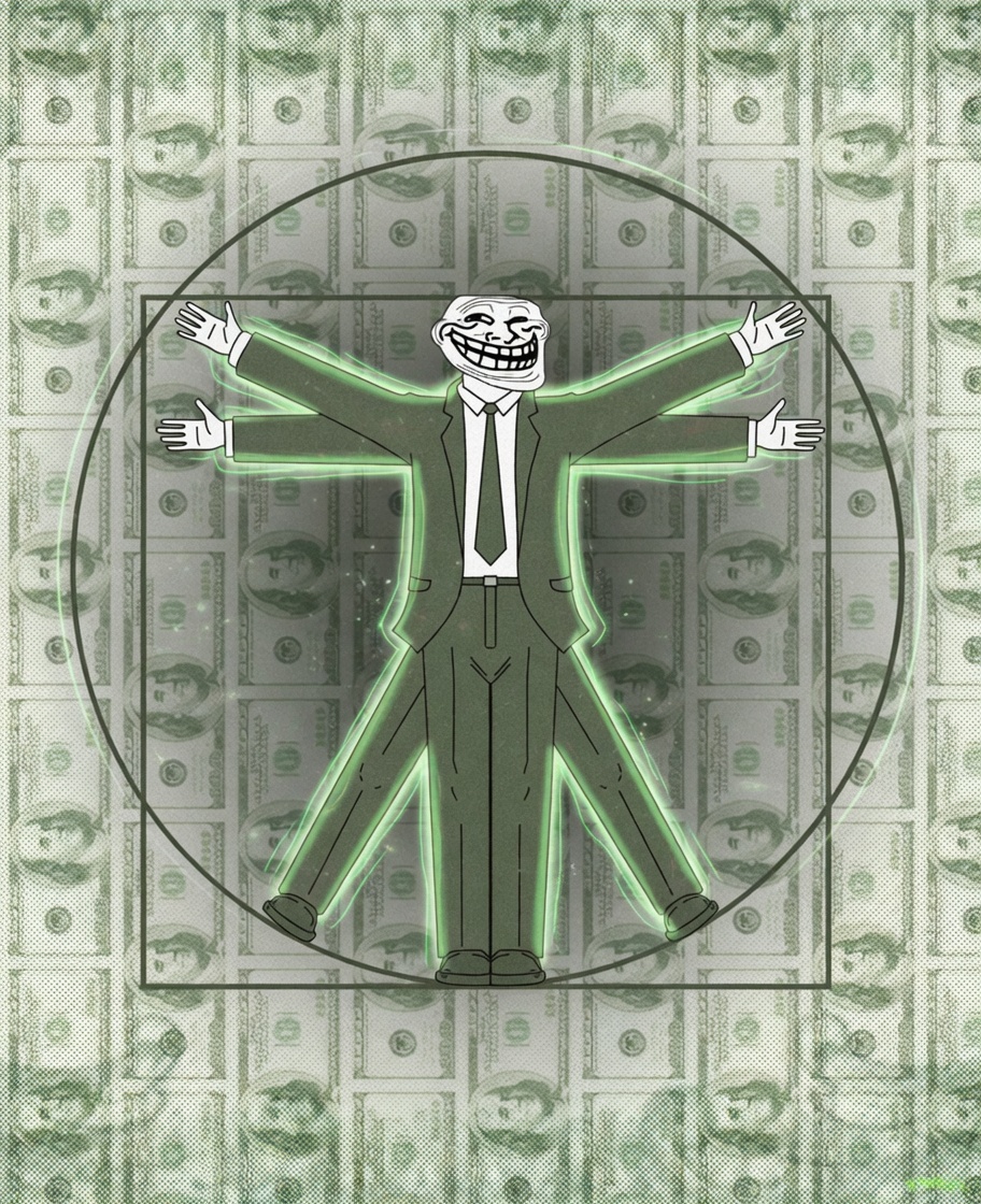 Trollface suited figure charging green inside a circular frame