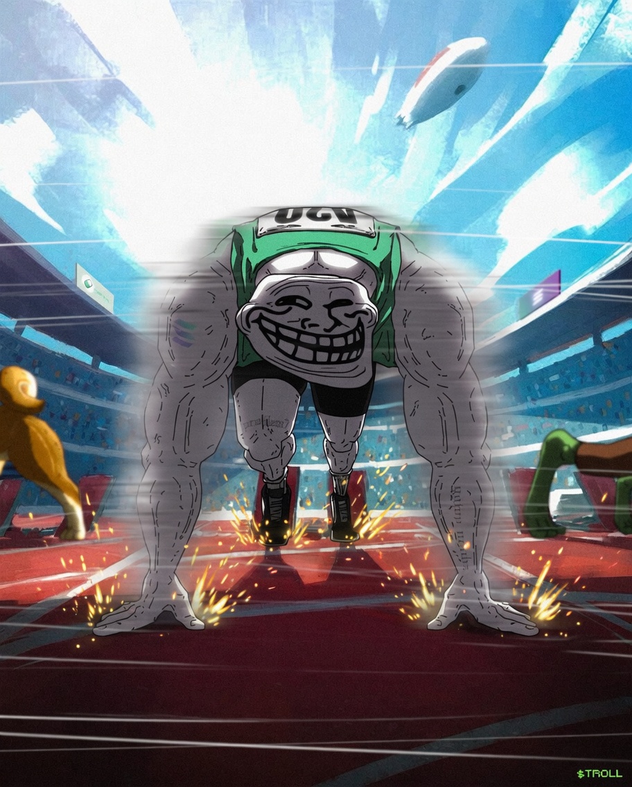 Athlete trollface crouched at the starting line with glowing sparks on the track