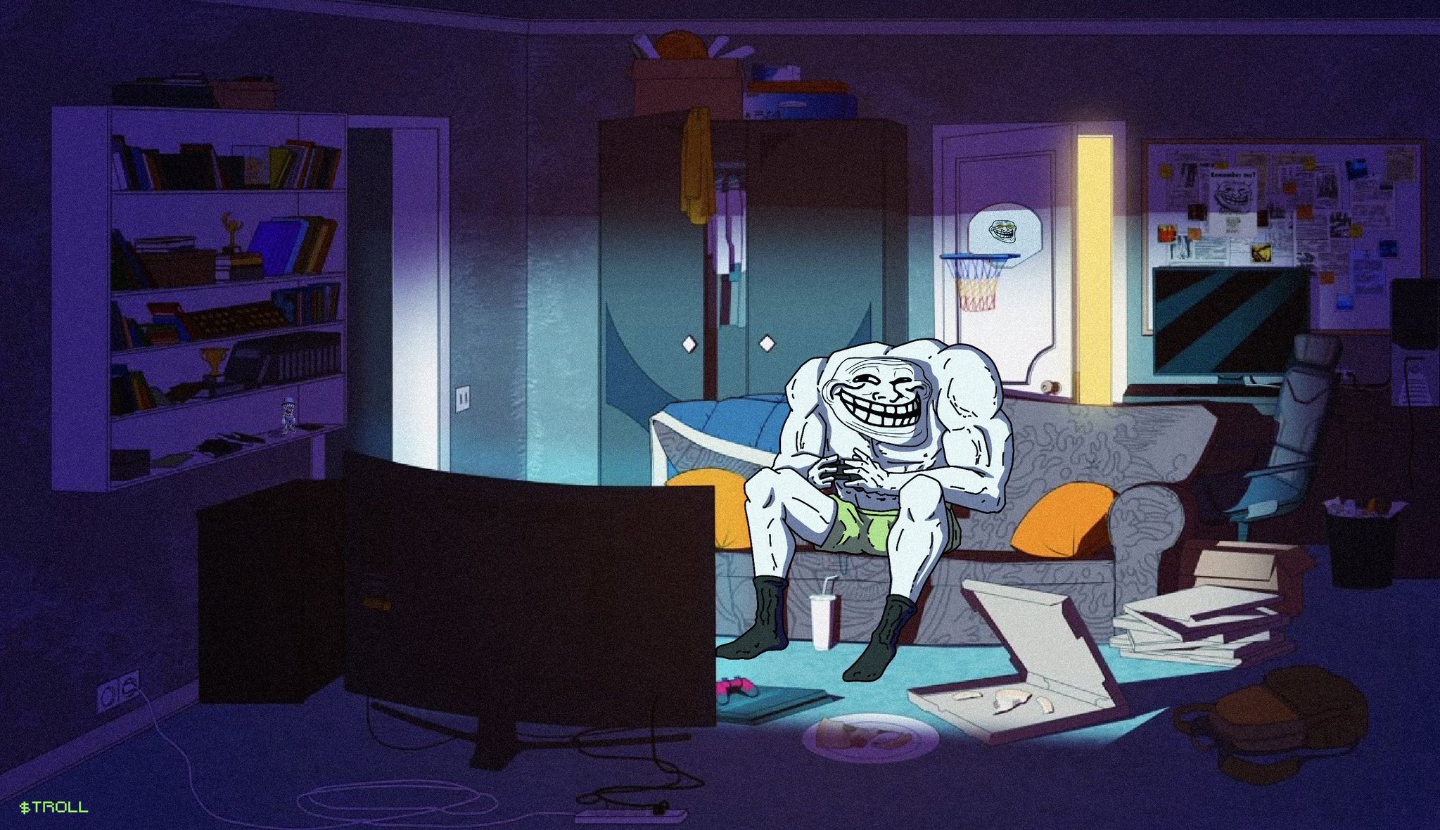 A messy gamer bedroom at night: bookshelf, closed wardrobe, TV and a backpack on the floor.